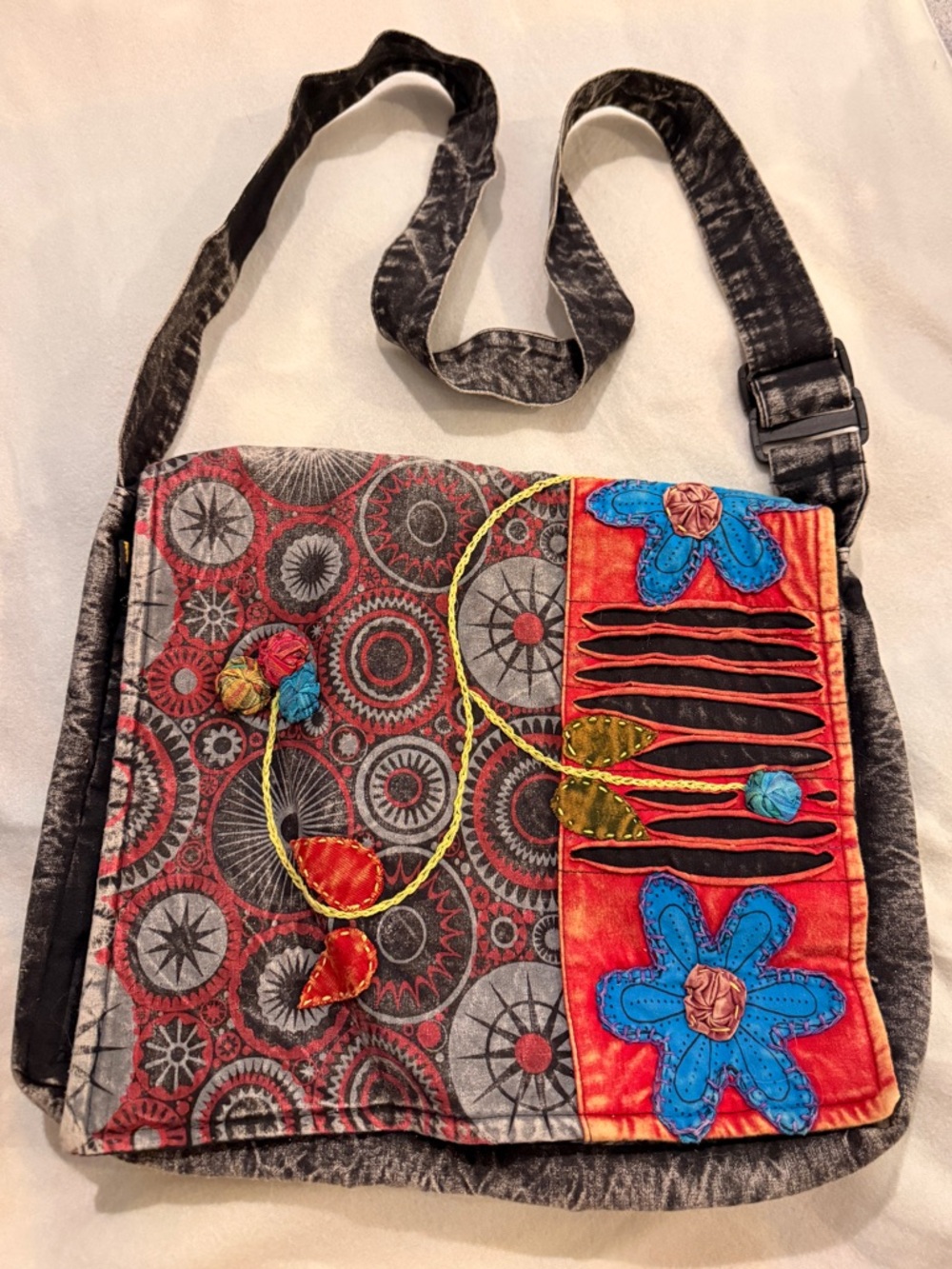 Handcrafted Floral Patchwork Crossbody Laptop Bag in Red and Black